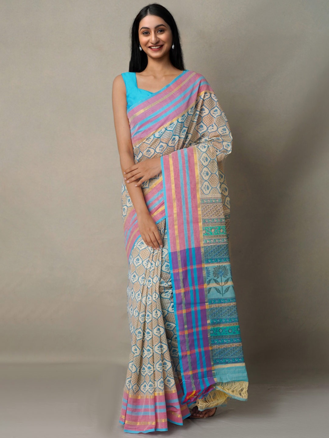 

Unnati Silks Beige & Blue Ethnic Motifs Zari Pure Cotton Mangalagiri Saree