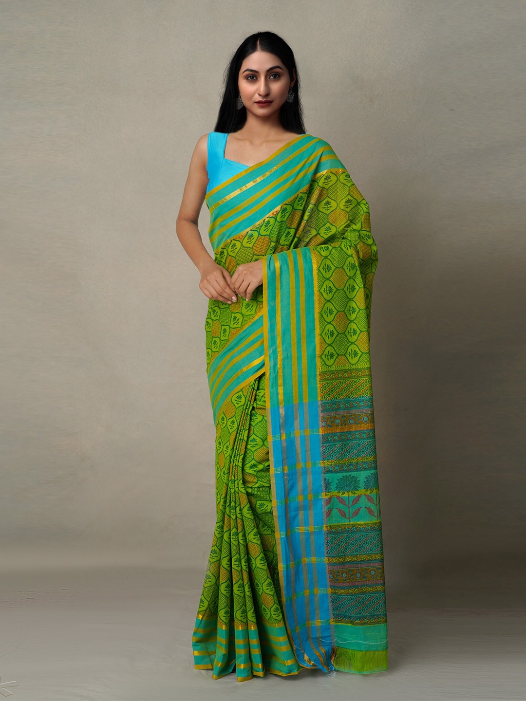 

Unnati Silks Green & Blue Ethnic Motifs Zari Pure Cotton Mangalagiri Saree