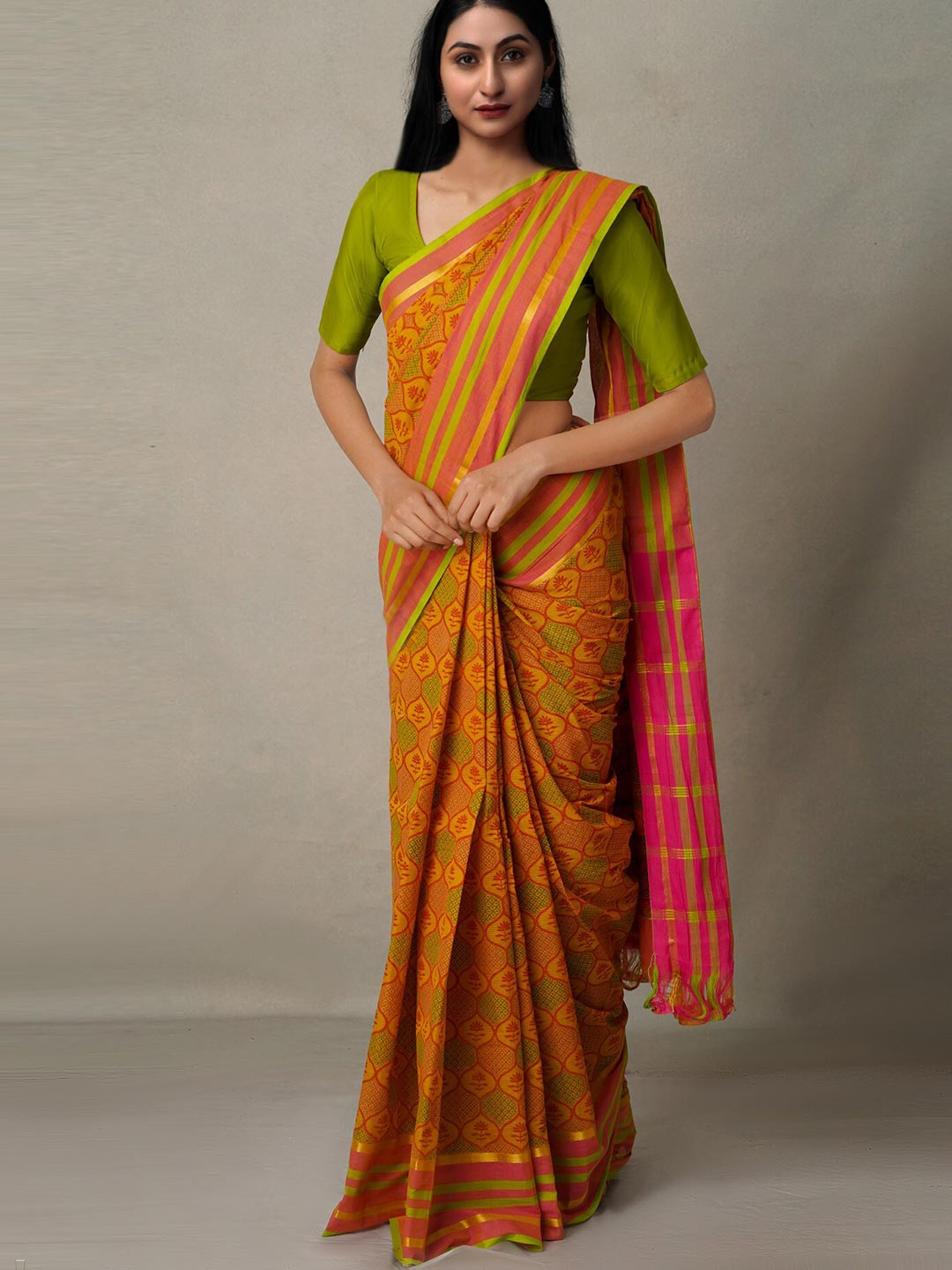 

Unnati Silks Orange & Green Ethnic Motifs Zari Pure Cotton Mangalagiri Saree