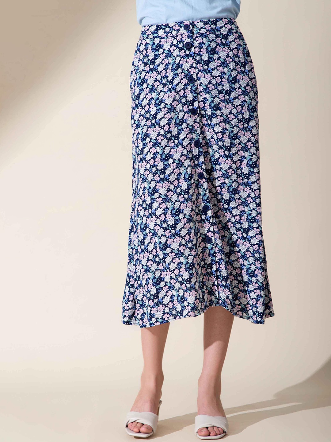 

B.Copenhagen Women Blue & Pink Floral Printed Midi Flared Skirts