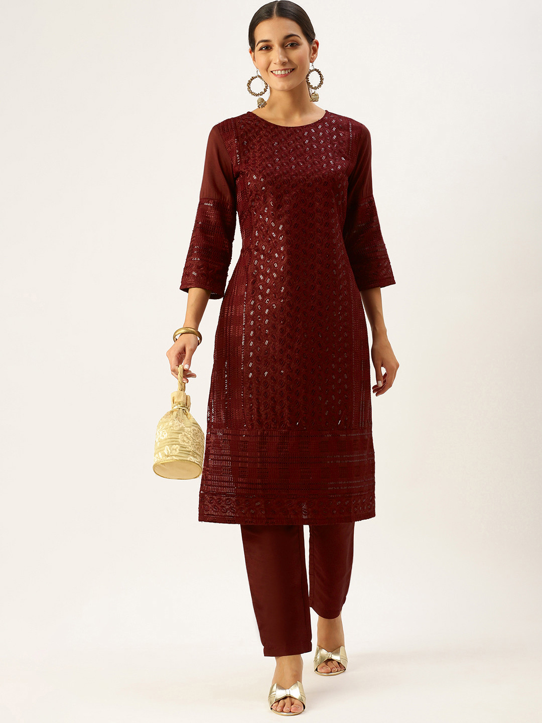 

SWAGG INDIA Women Maroon Sequinned Kurta with Trousers