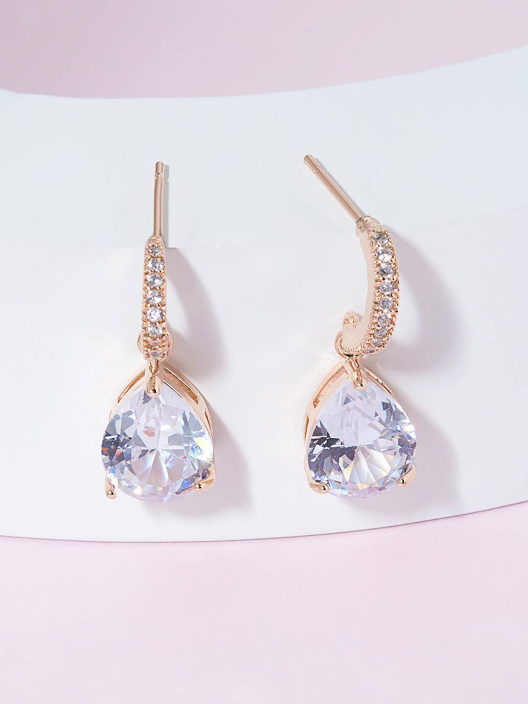 

AMI Rose Gold-Toned & White CZ Studded Teardrop Shaped Drop Earrings