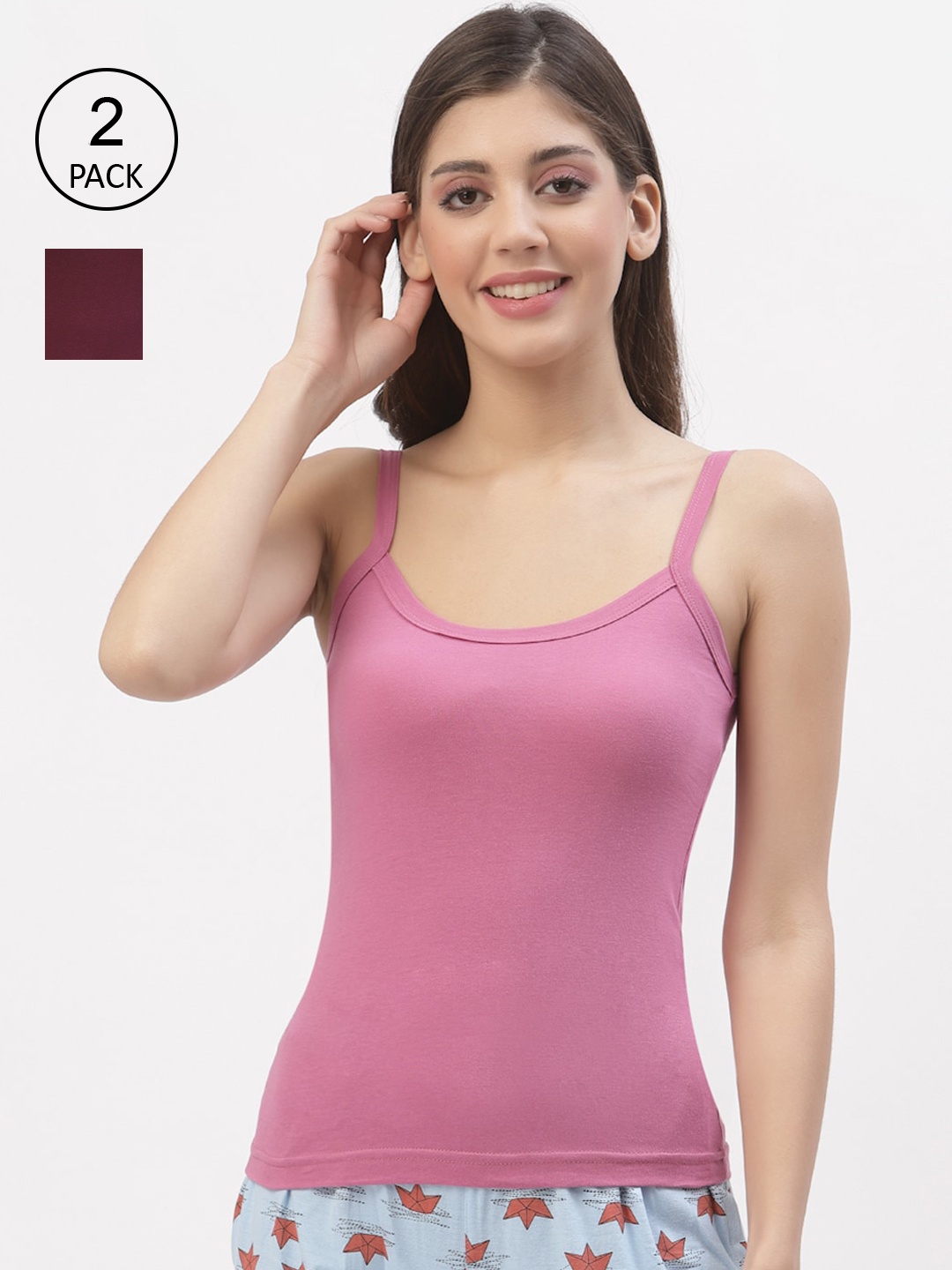 

Floret Women Pink & Maroon Pack Of 2 Solid Cotton Camisoles, Rose