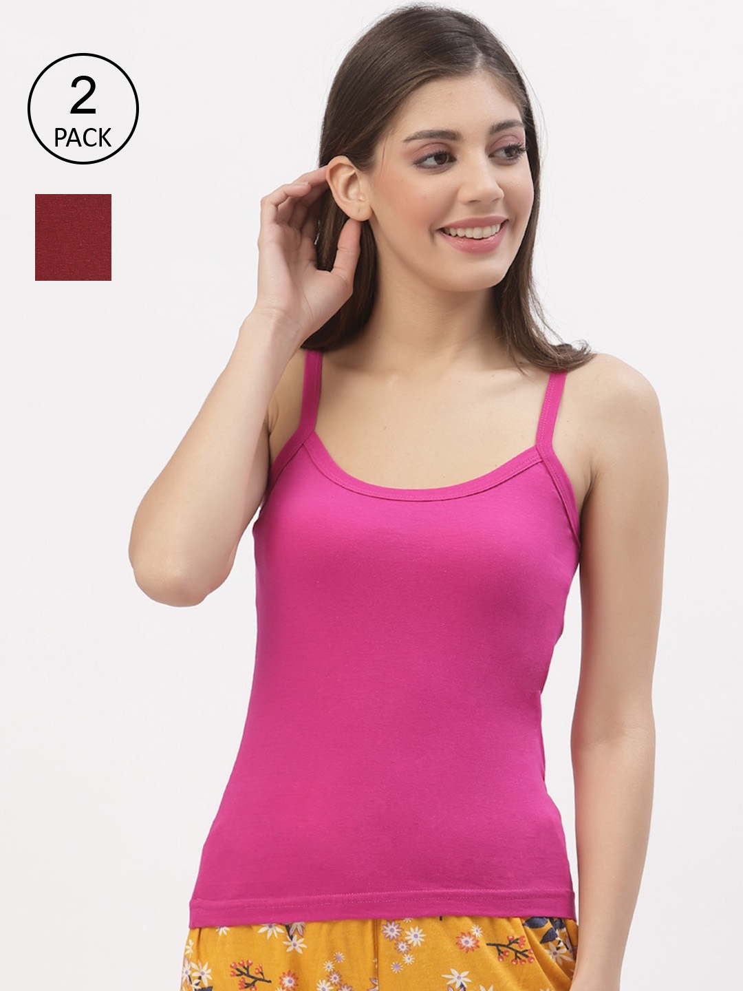 

Floret Women Pack Of 2 Maroon & Magenta Cotton Solid Camisoles