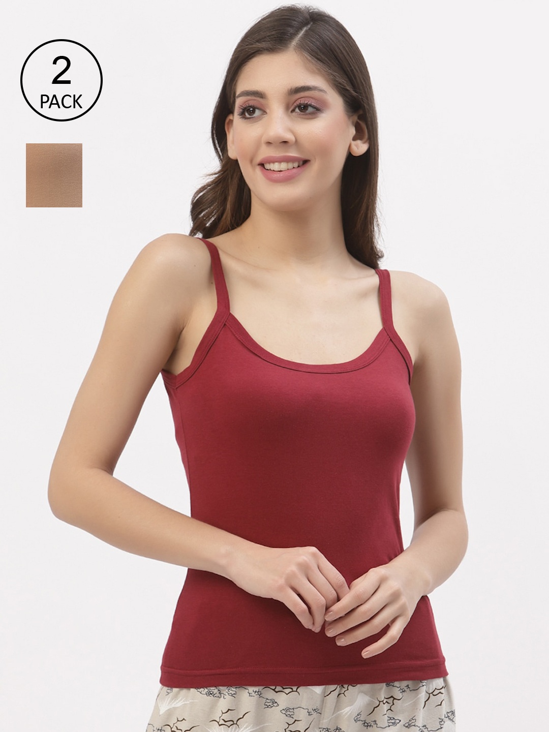 

Floret Women Pack Of 2 Maroon & Nude-Coloured Solid Camisoles