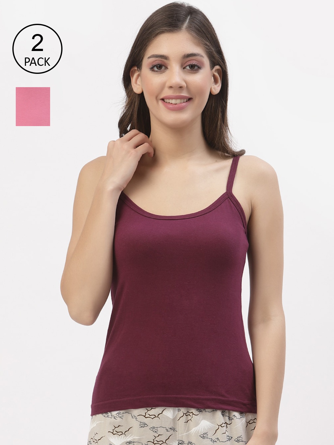Floret Women Pack Of 2 Burgundy & Pink Cotton Camisoles