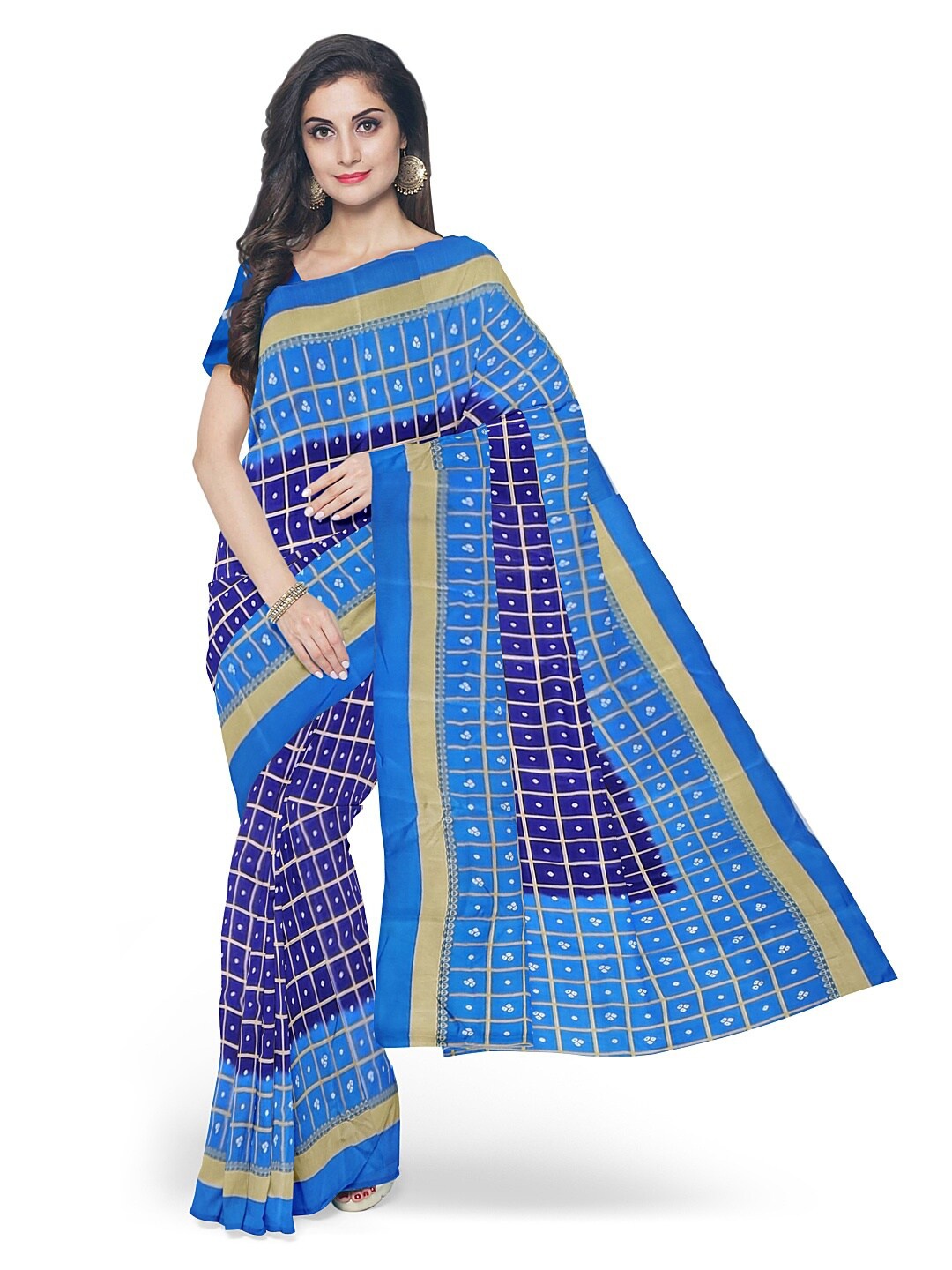

SAADHVI Women Navy Blue & White Silk Blend Fusion Bandhani Saree
