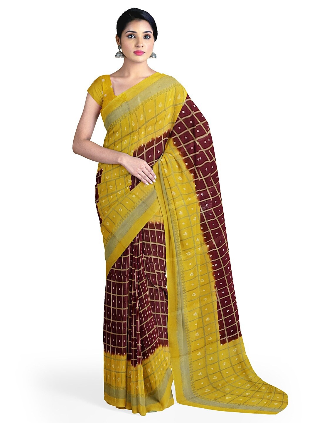 

SAADHVI Maroon & Mustard Bandhani Silk Blend Fusion Bandhani Saree