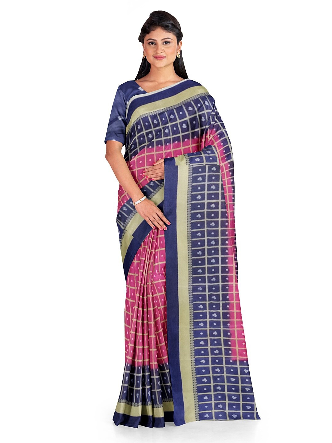 

SAADHVI Pink & Navy Blue Bandhani Silk Blend Bandhani Saree