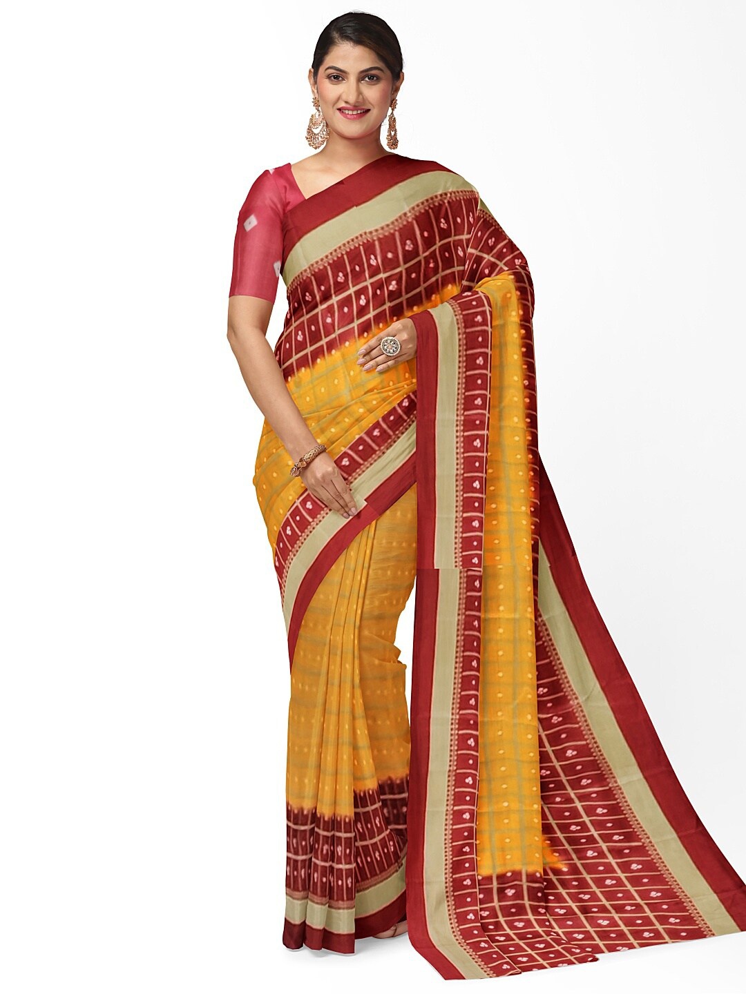 

SAADHVI Women Yellow & Red Bandhani Silk Blend Fusion Bandhani Saree