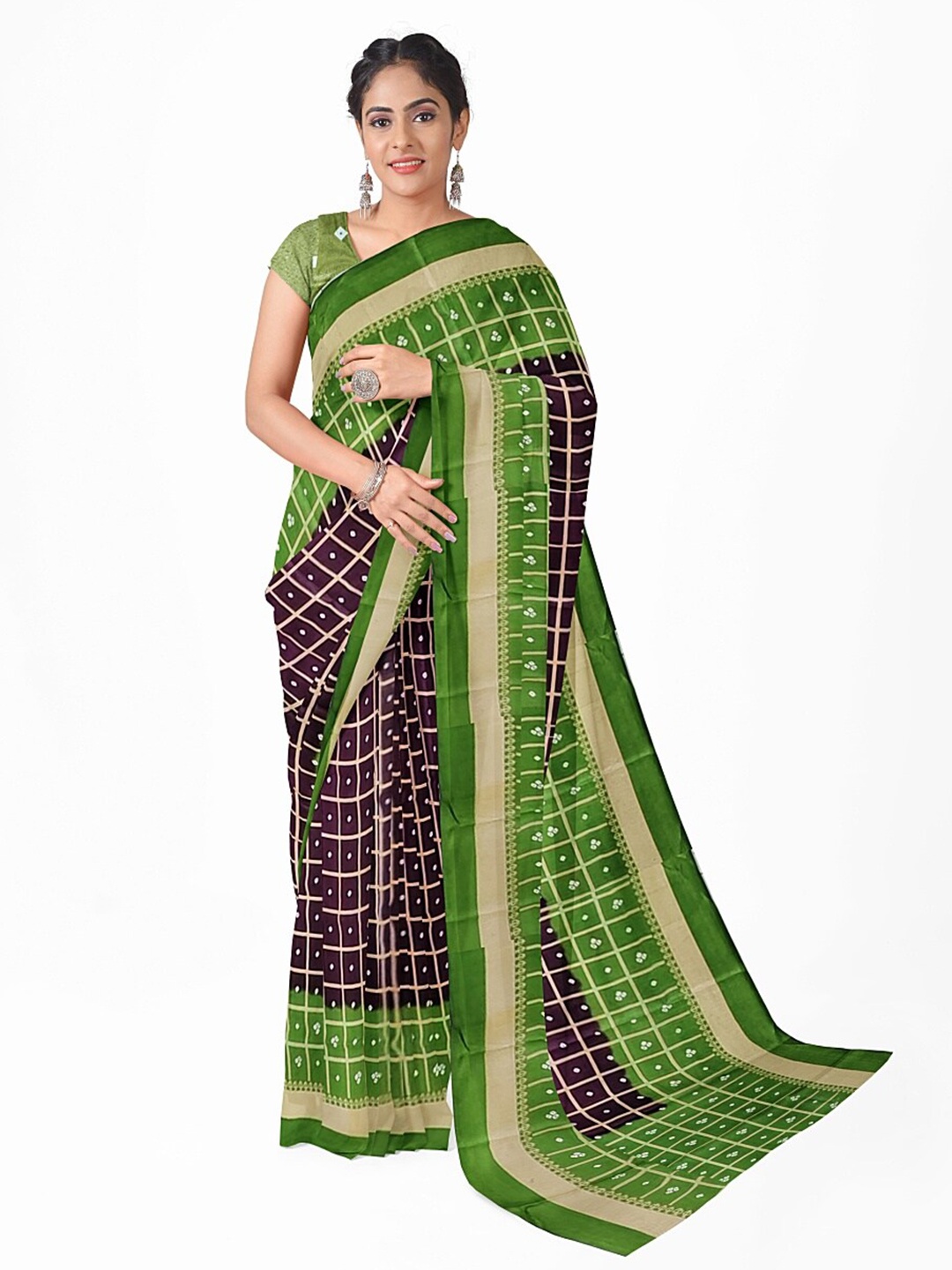 

SAADHVI Coffee Brown & Green Checked Silk Blend Fusion Saree