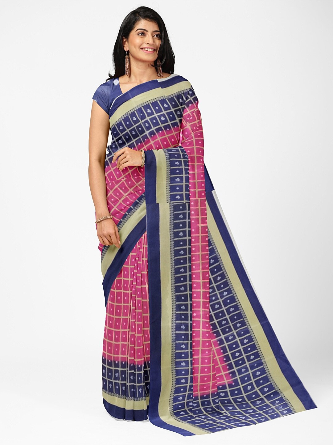 

SAADHVI Pink & Navy Blue Checked Silk Blend Bandhani Saree