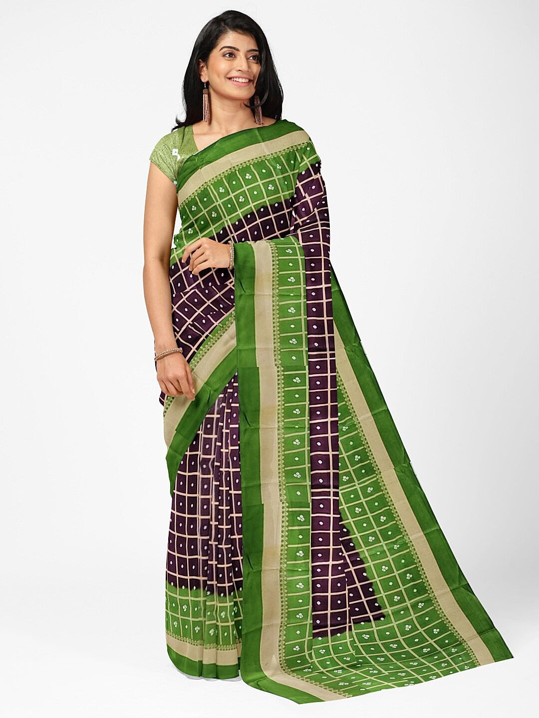 

SAADHVI Purple & Green Bandhani Silk Blend Fusion Bandhani Saree