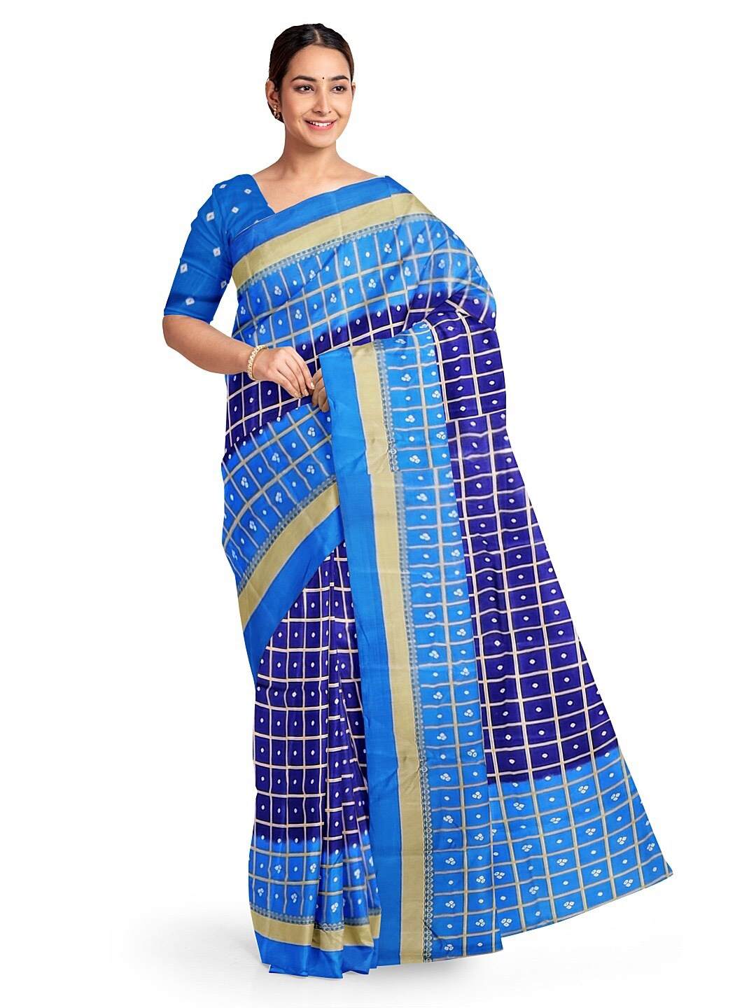 

SAADHVI Navy Blue & Black Checked Silk Blend Bandhani Saree