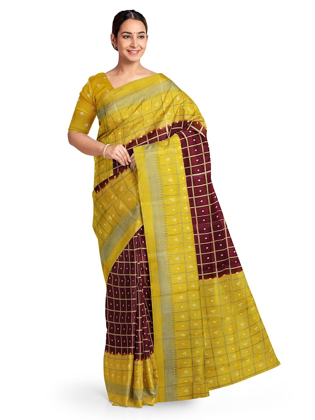 

SAADHVI Maroon & Mustard Bandhani Silk Blend Fusion Bandhani Saree