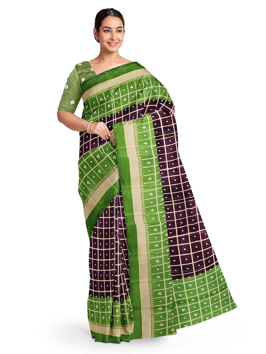 

SAADHVI Coffee Brown & Green Bandhani Silk Blend Fusion Bandhani Saree