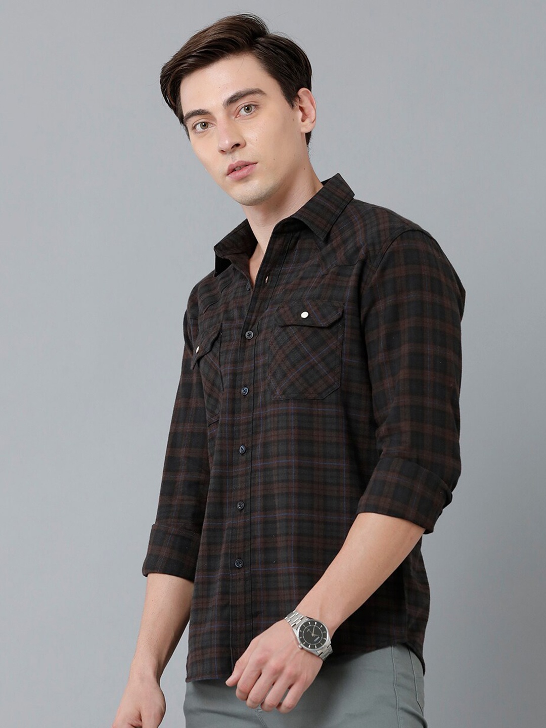 

YOVISH Men Brown Smart Slim Fit Tartan Checks Checked Casual Shirt