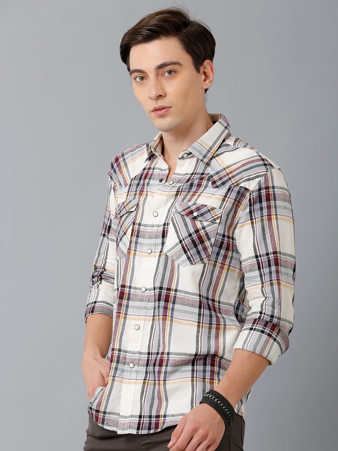 

YOVISH Men Cream-Coloured Smart Slim Fit Tartan Checks Checked Casual Shirt