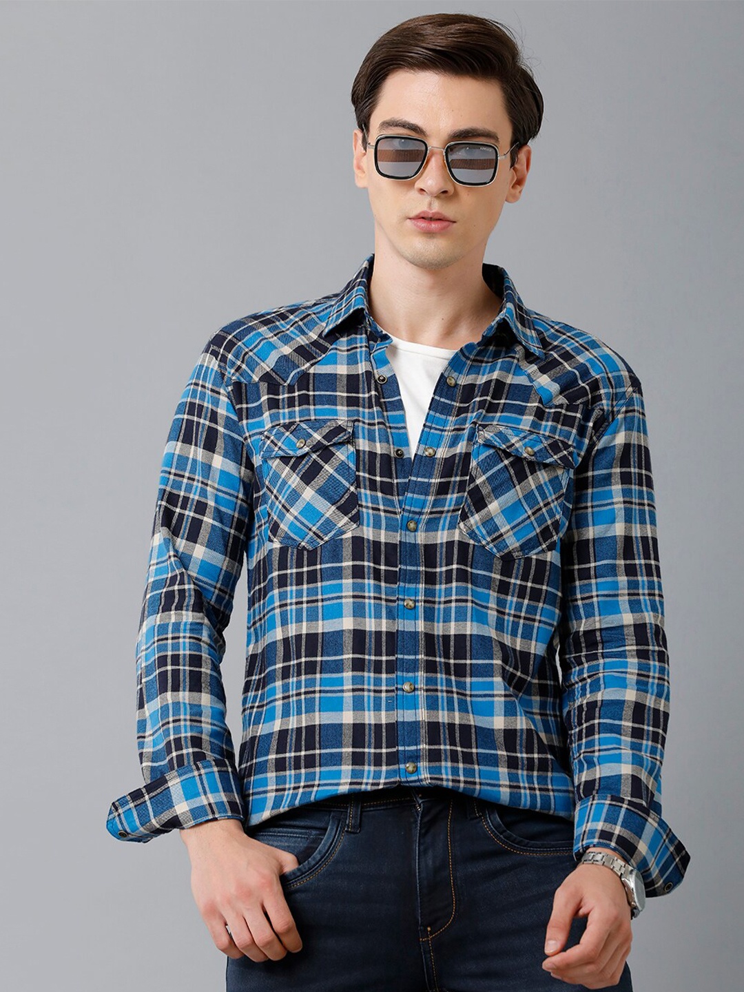 

YOVISH Men Blue Smart Slim Fit Tartan Checks Checked Casual Shirt