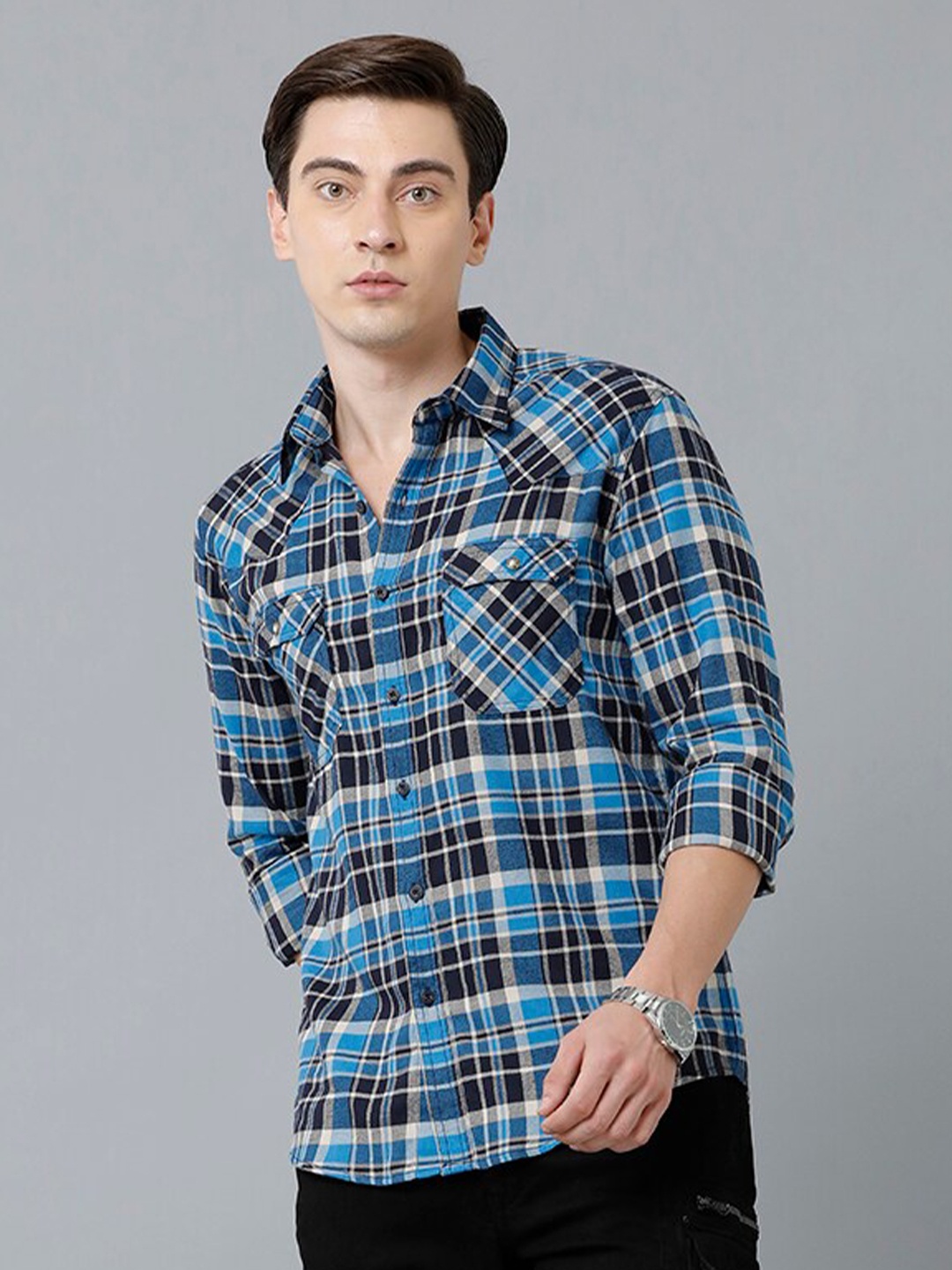 

YOVISH Men Blue Smart Slim Fit Tartan Checks Checked Casual Shirt