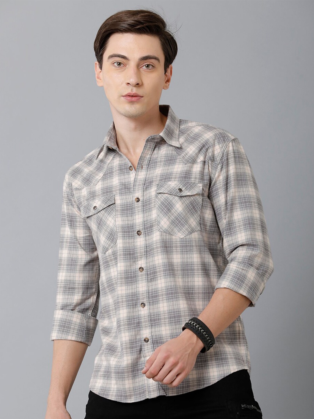 

YOVISH Men Beige Smart Slim Fit Tartan Checks Checked Casual Shirt
