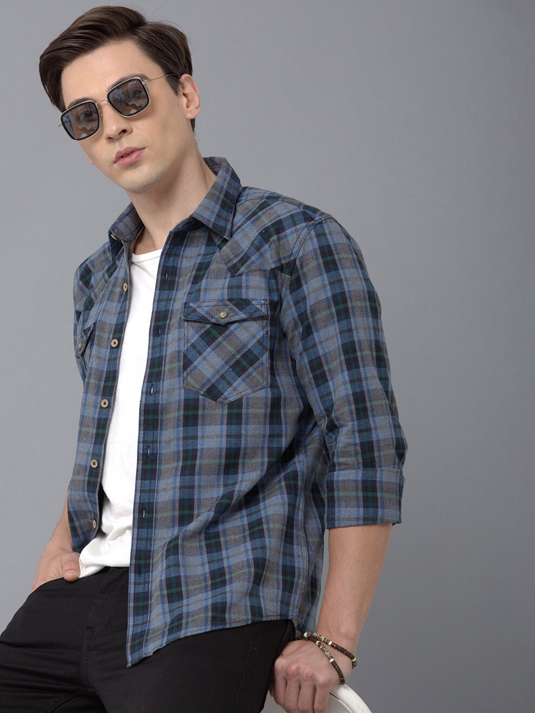 

YOVISH Men Blue Smart Slim Fit Tartan Checked Casual Shirt