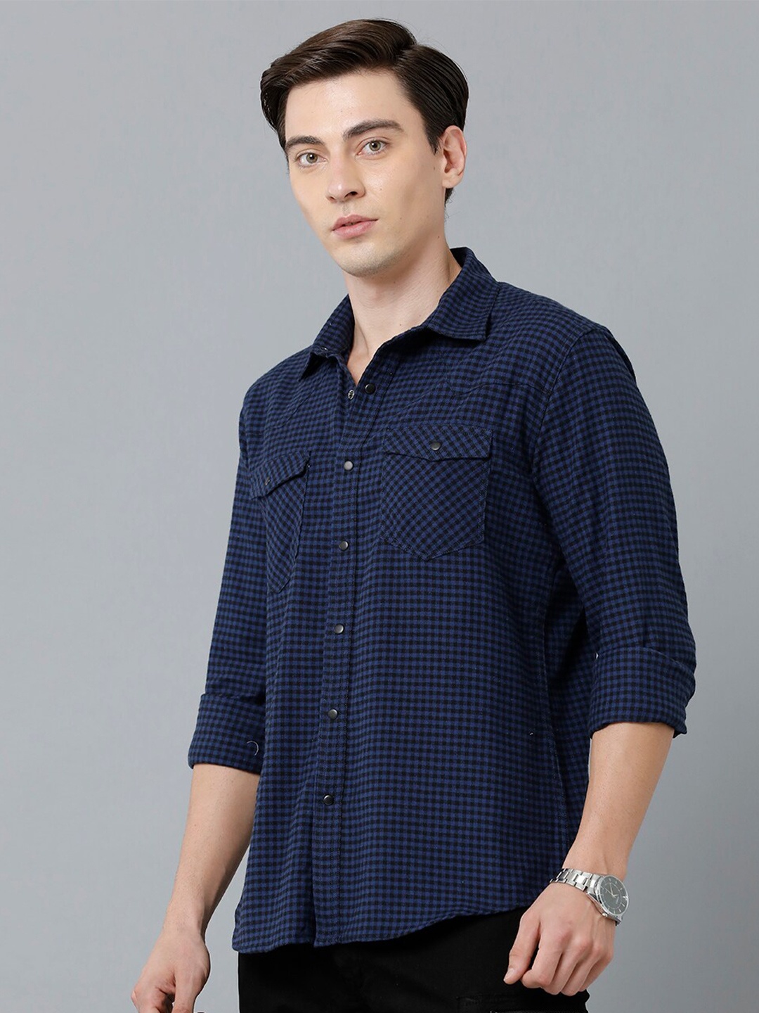 

YOVISH Men Navy Blue Smart Slim Fit Grid Tattersall Checks Checked Casual Shirt