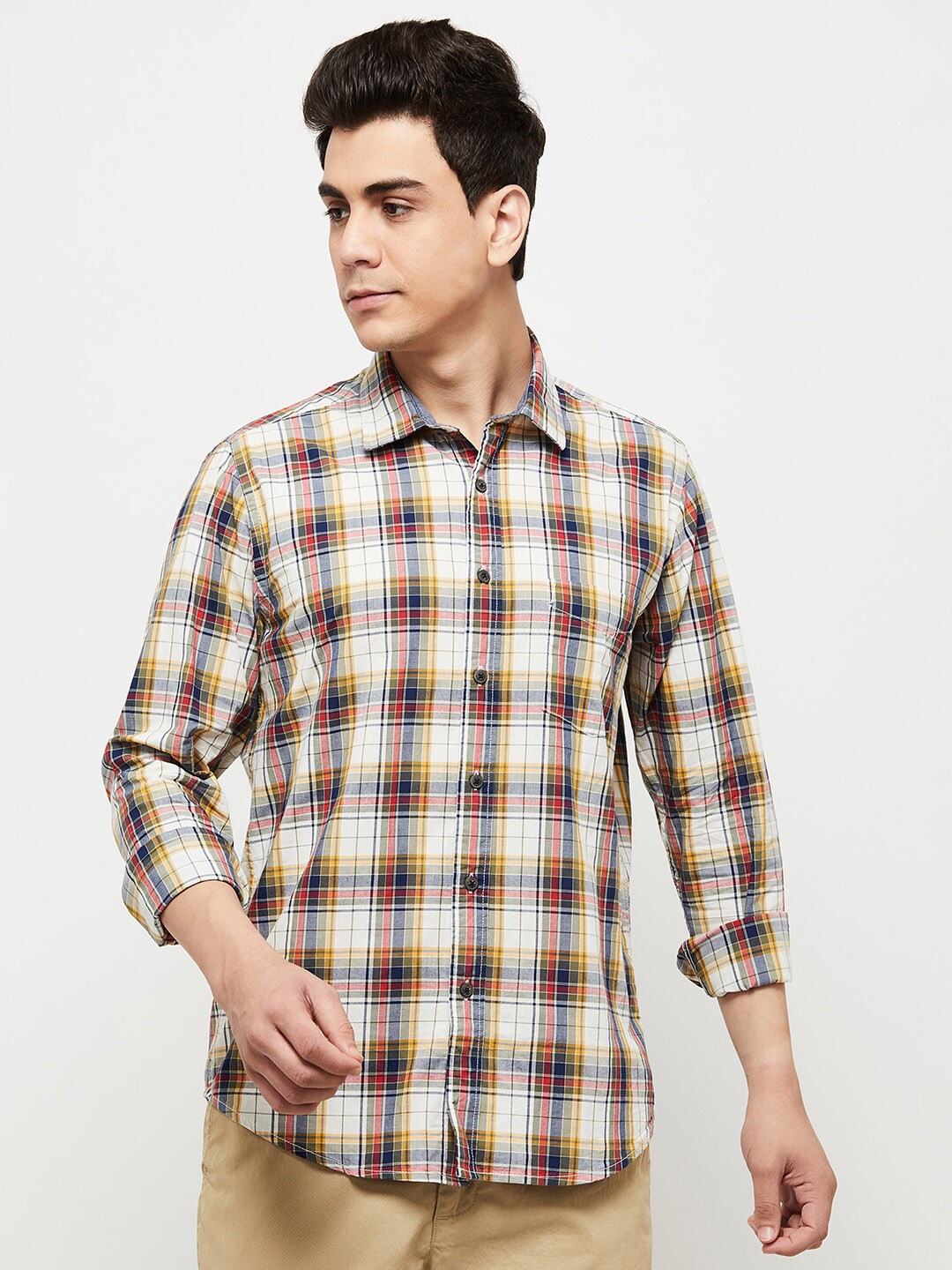 

max Men Beige Tartan Checks Checked Casual Shirt
