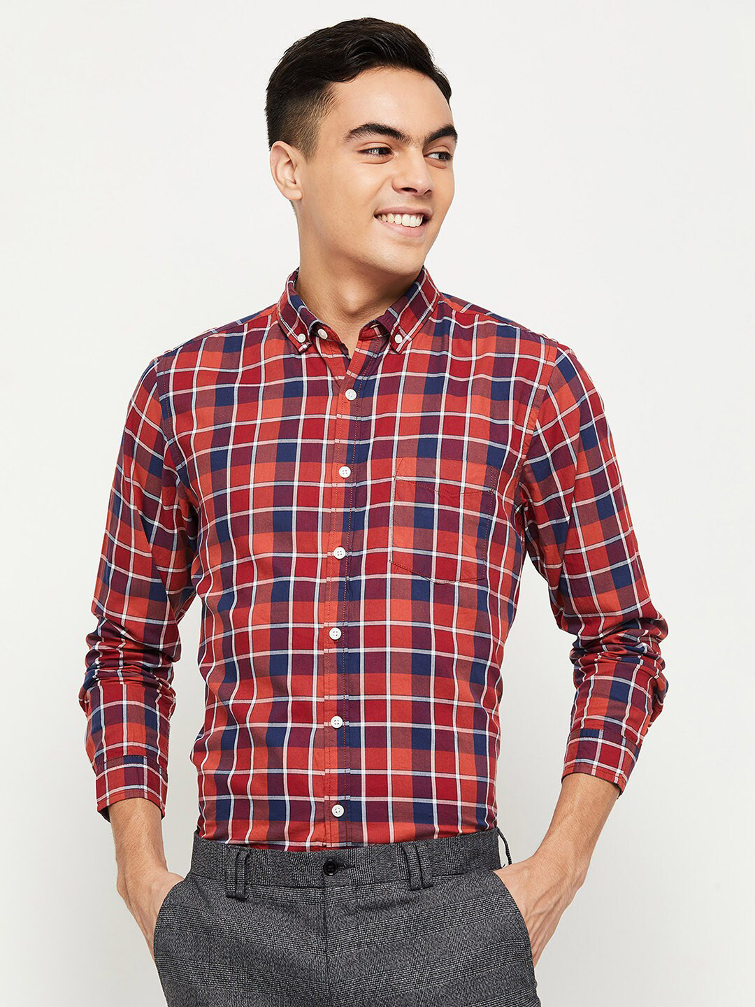 

max Men Coral Tartan Checks Checked Casual Shirt