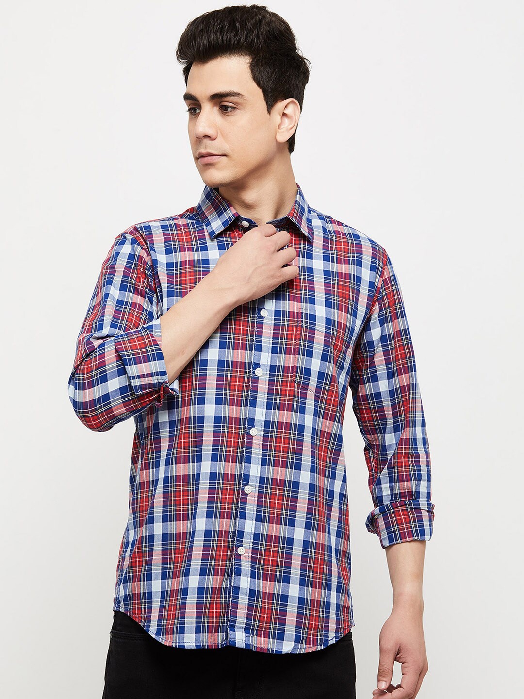 

max Men Red Tartan Checks Checked Casual Shirt