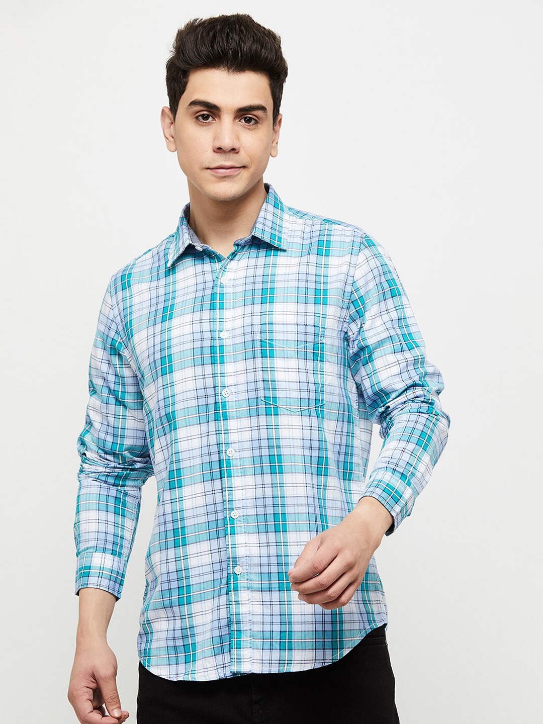

max Men Turquoise Blue Tartan Checks Checked Casual Shirt