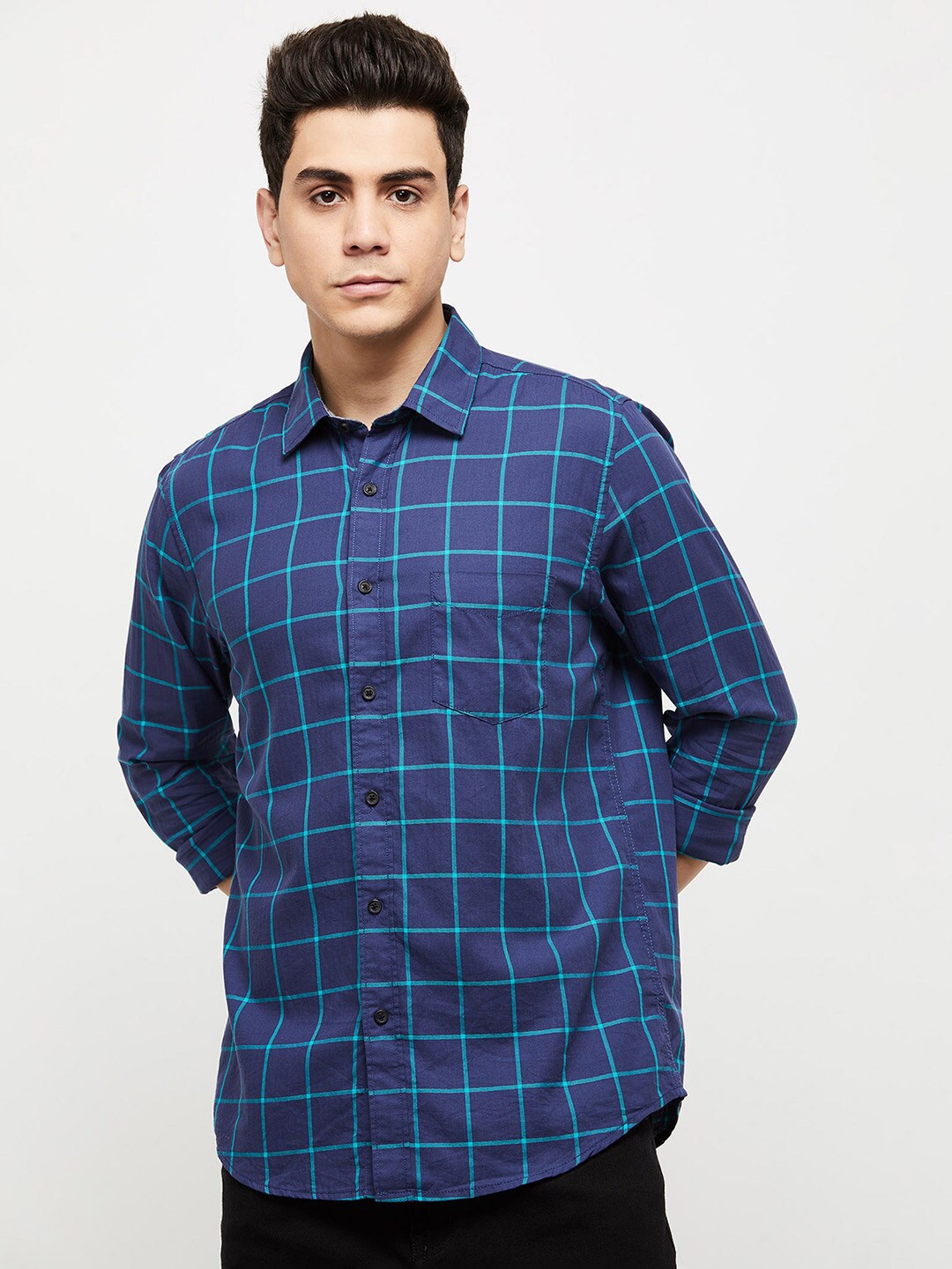 

max Men Navy Blue Windowpane Checks Checked Casual Shirt