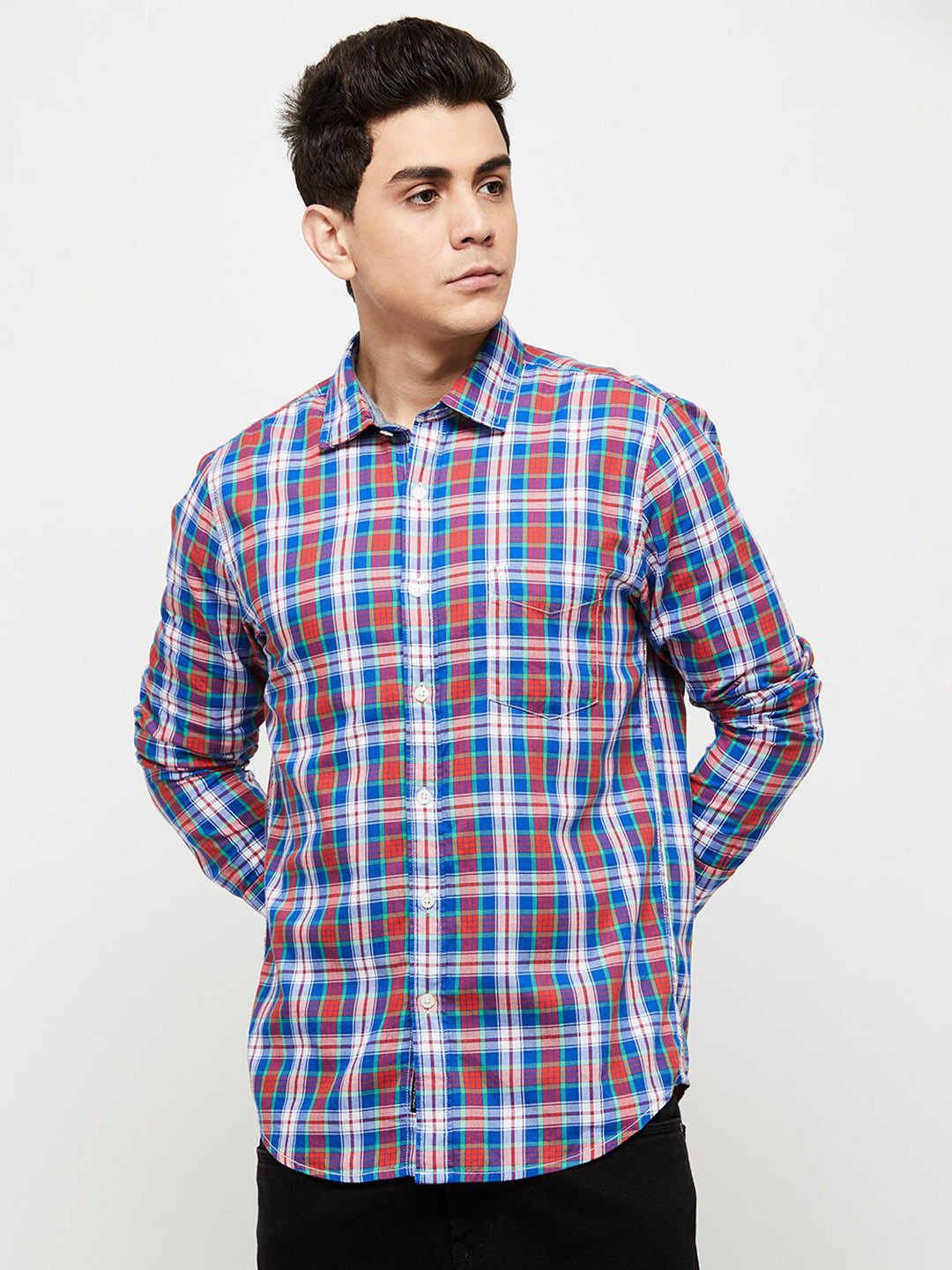 

max Men Red Tartan Checks Checked Casual Shirt