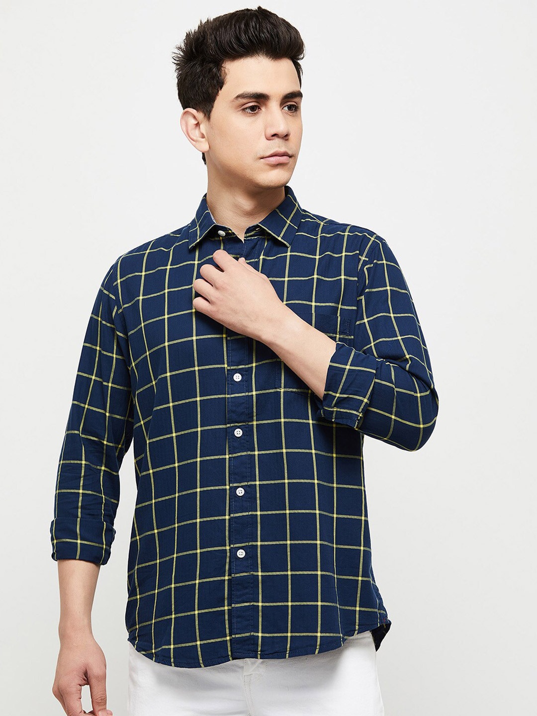 

max Men Blue Windowpane Checks Checked Casual Shirt
