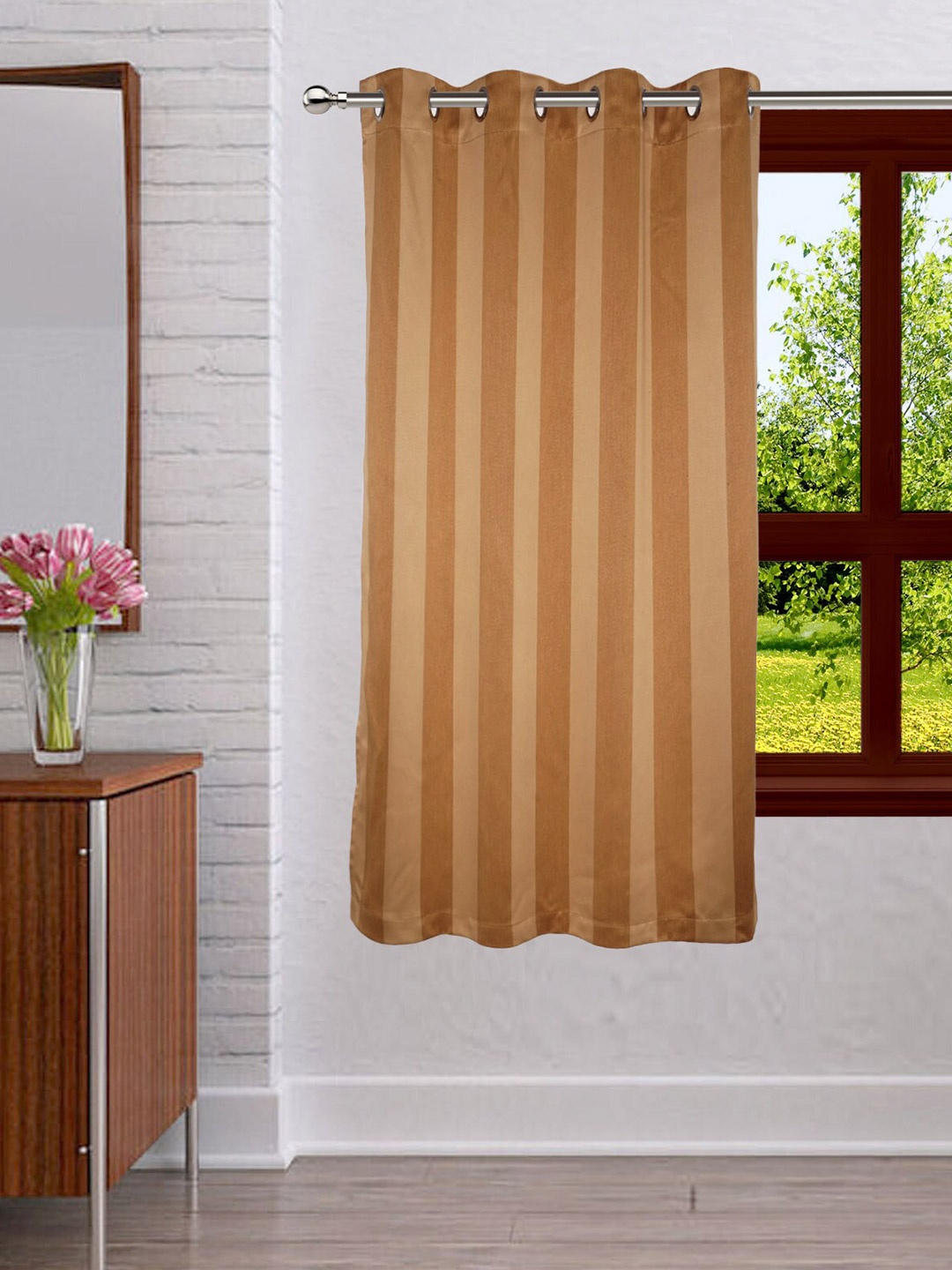 

Lushomes Gold-Toned & Silver-Toned Striped Window Curtain