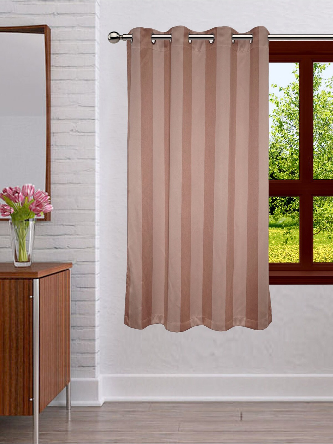 

Lushomes Brown & Cream-Coloured Striped Window Curtain