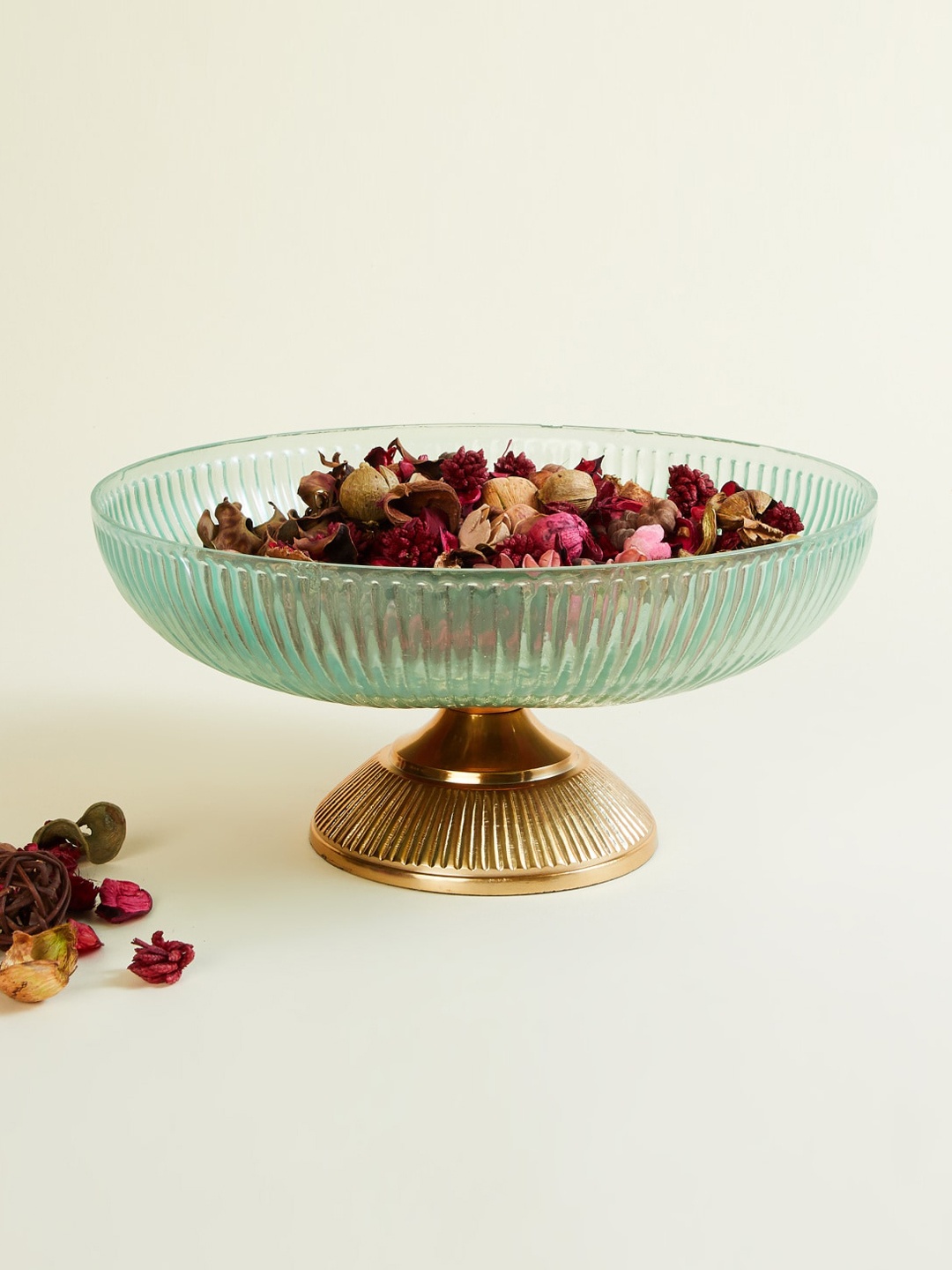 

Home Centre Turquoise Blue and Gold-Toned Ribbed Round Glass Potpourri Bowl