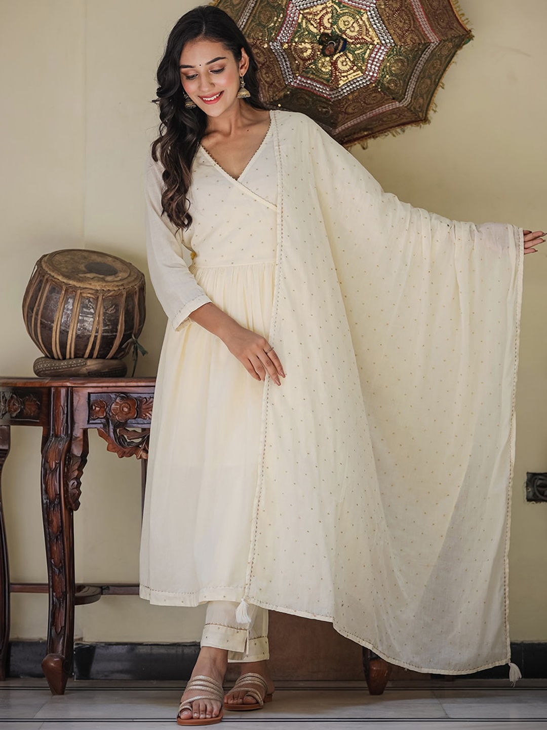 

KAAJH Women Off White Embroidered Angrakha Pure Cotton Kurta with Trousers & With Dupatta