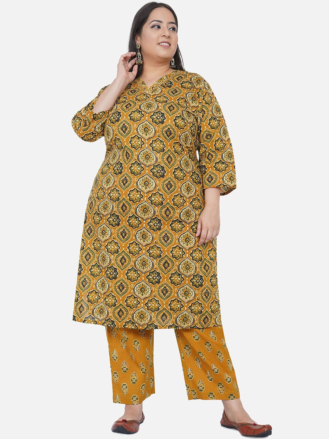 

Fabnest Curve Women Mustard Yellow Floral Printed Pure Cotton Kurta with Trousers