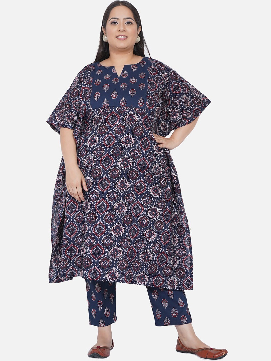 

Fabnest Curve Plus Size Women Navy Blue Ajrakh Pure Cotton Kaftan Kurta Set