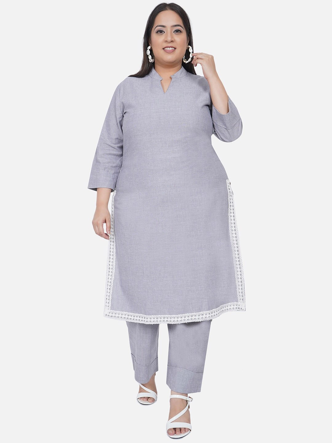 

Fabnest Curve Women Grey Solid Pure Cotton Kurta with Trousers