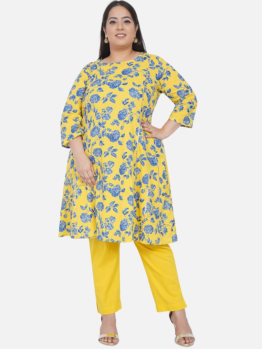 

Fabnest Curve Plus Size Women Yellow Floral Printed Pure Cotton Kurti with Trousers