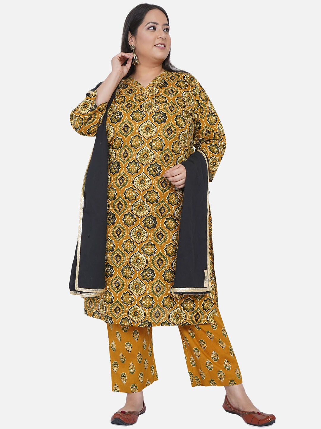 

Fabnest Curve Women Mustard yellow Printed Pure Cotton Kurta set & Dupatta for plus size
