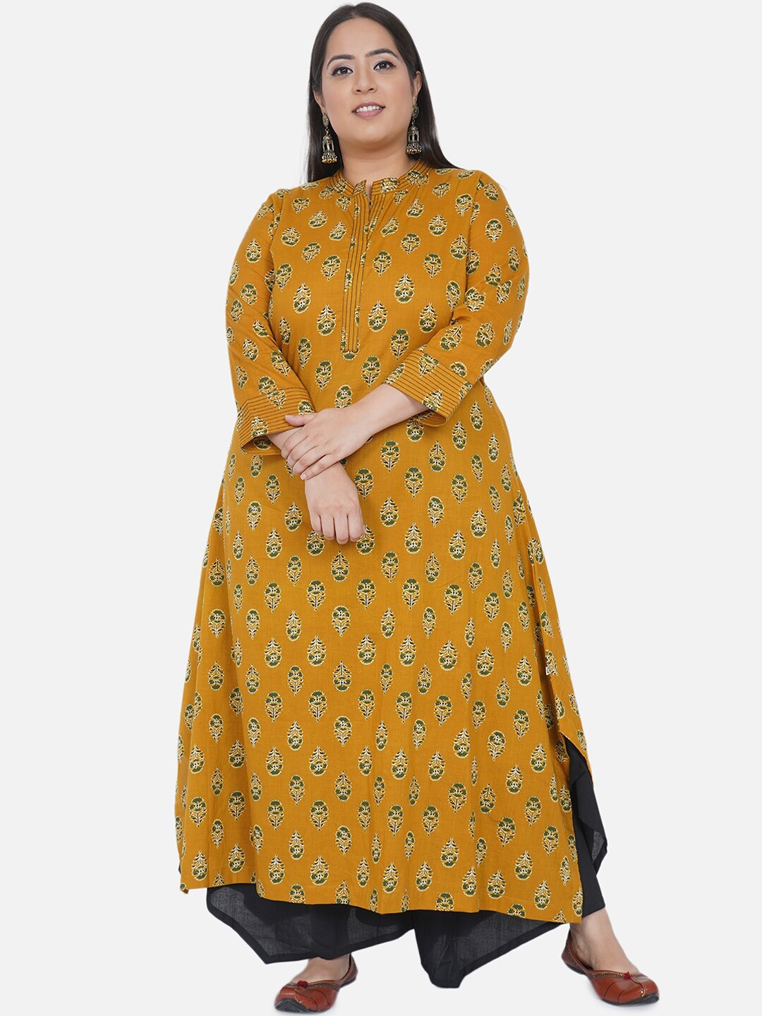 

Fabnest Curve Women Mustard Yellow Ethnic Motifs Printed Pure Cotton Kurti with Trousers