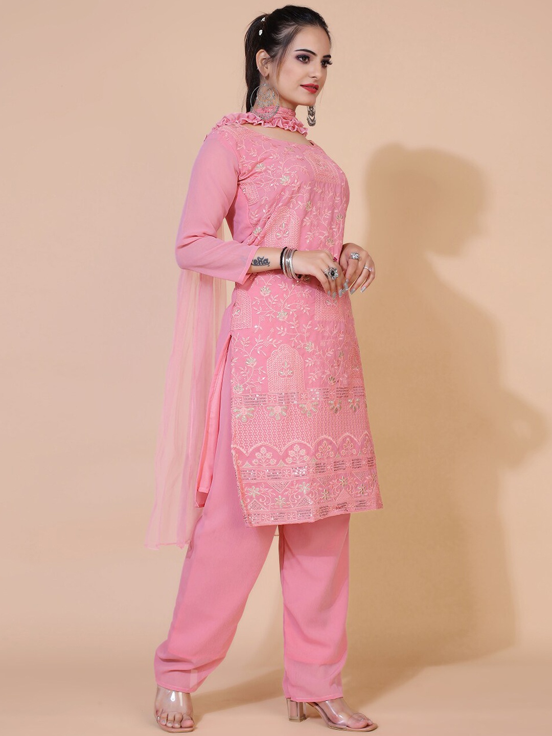 

Virah Fashion Women Pink Embroidered Zardozi Silk Chiffon Kurti with Trousers