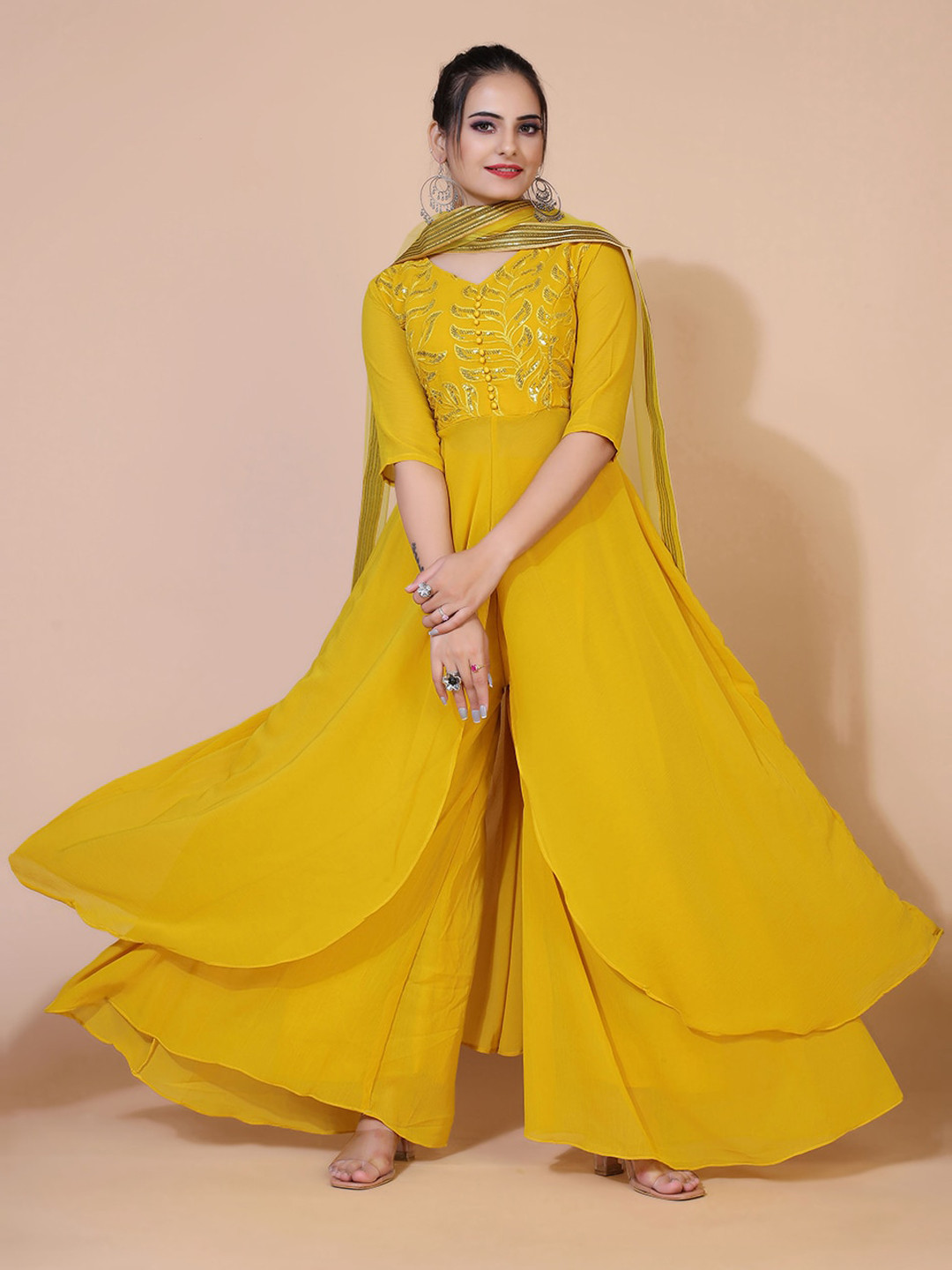 

Virah Fashion Women Yellow Embroidered Sequinned Silk Chiffon Kurti with Trousers