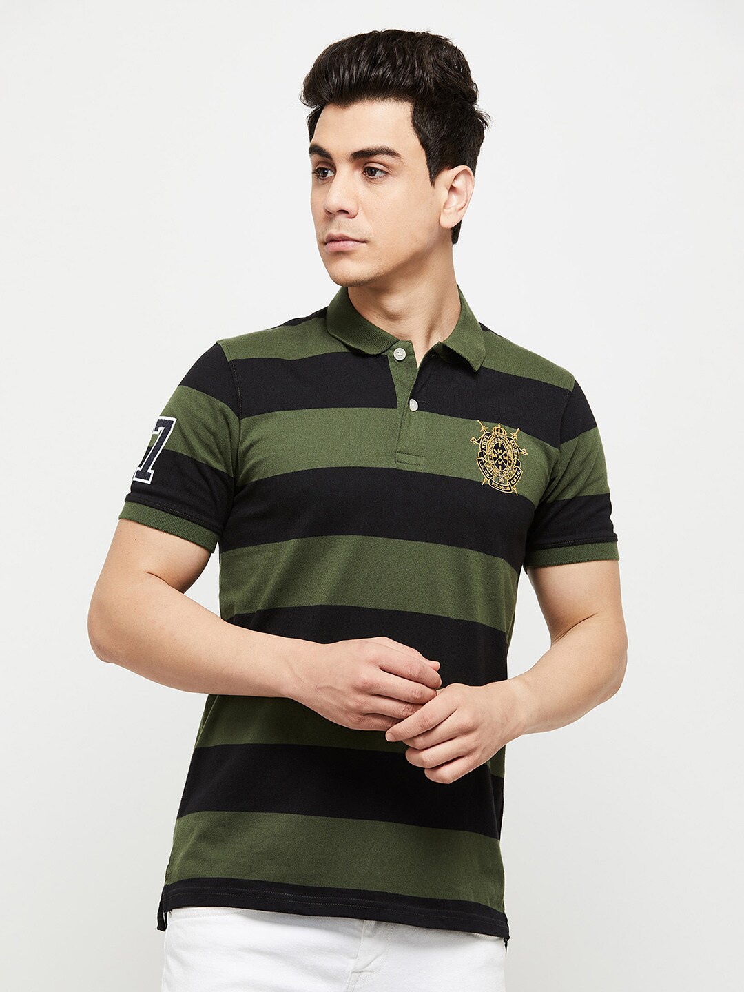 

max Men Green & Black Striped Polo Collar Applique T-shirt