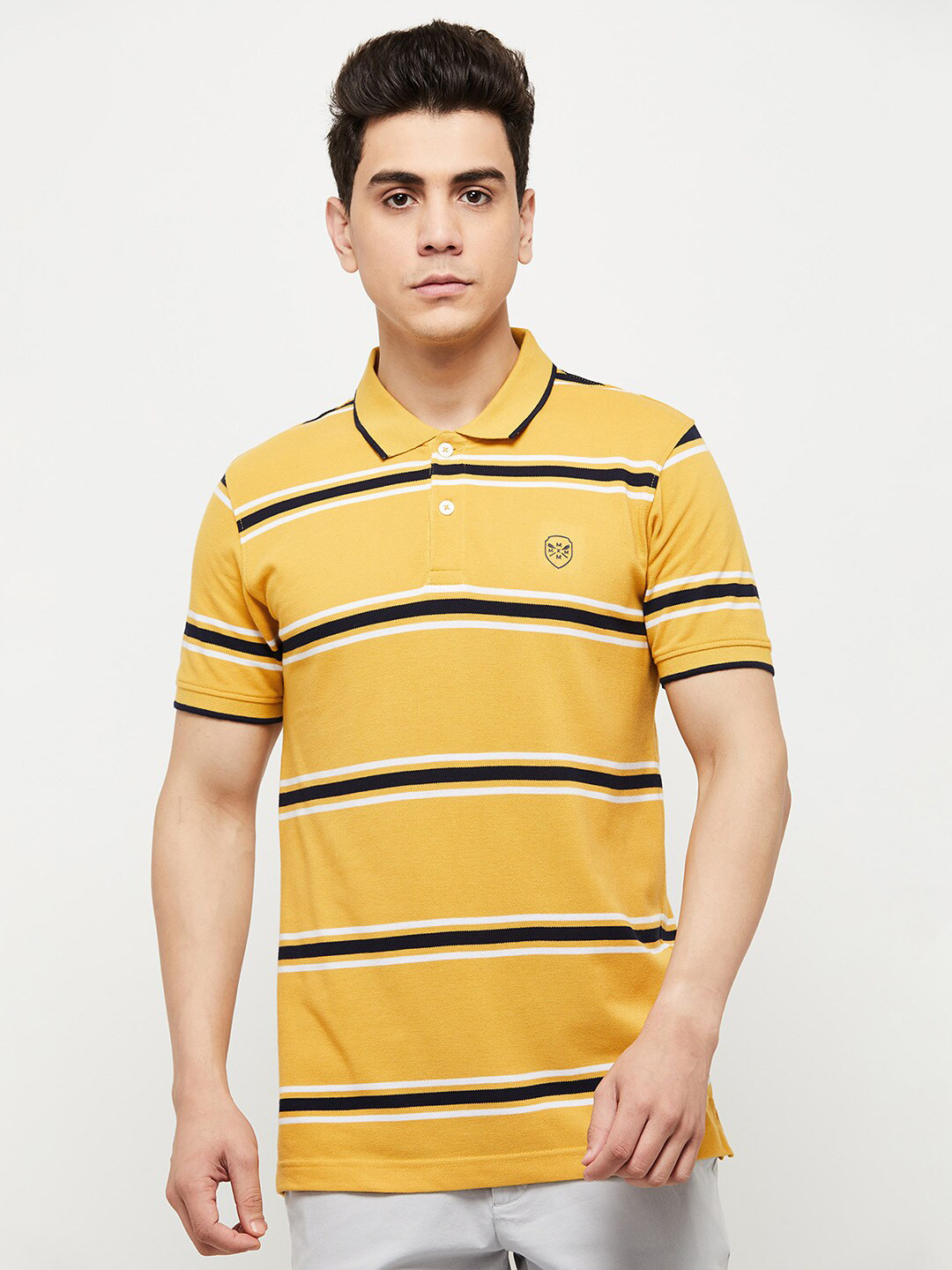 

max Men Yellow & Black Striped Polo Collar T-shirt