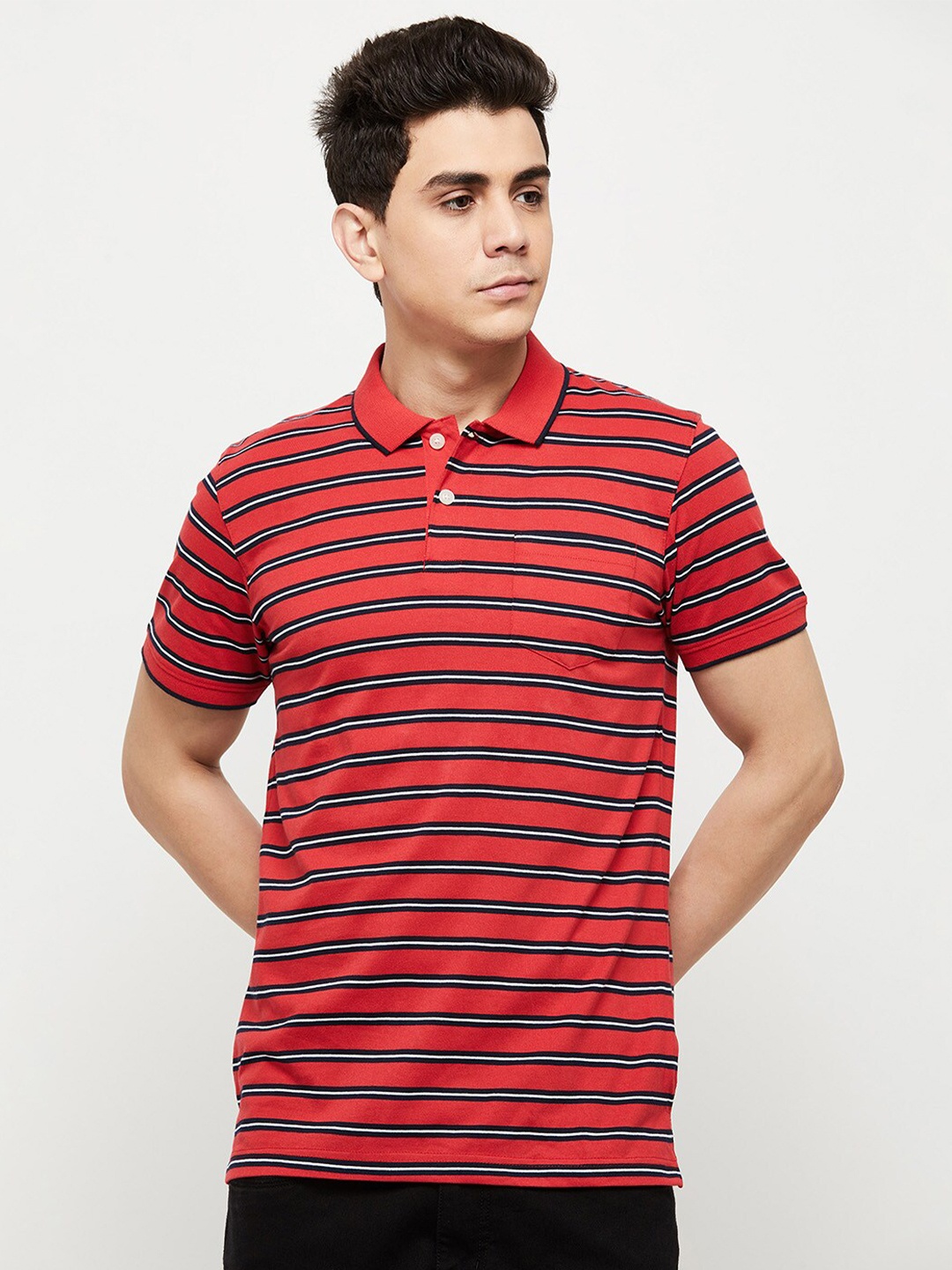 

max Men Red Striped Polo Collar T-shirt