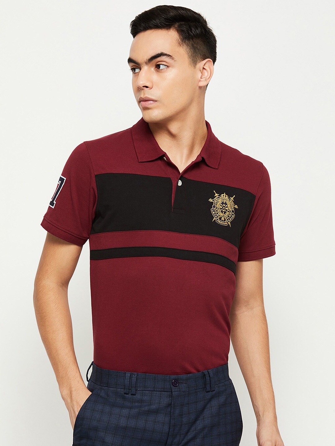 

max Men Maroon And Black Colourblocked Polo Collar T-shirt